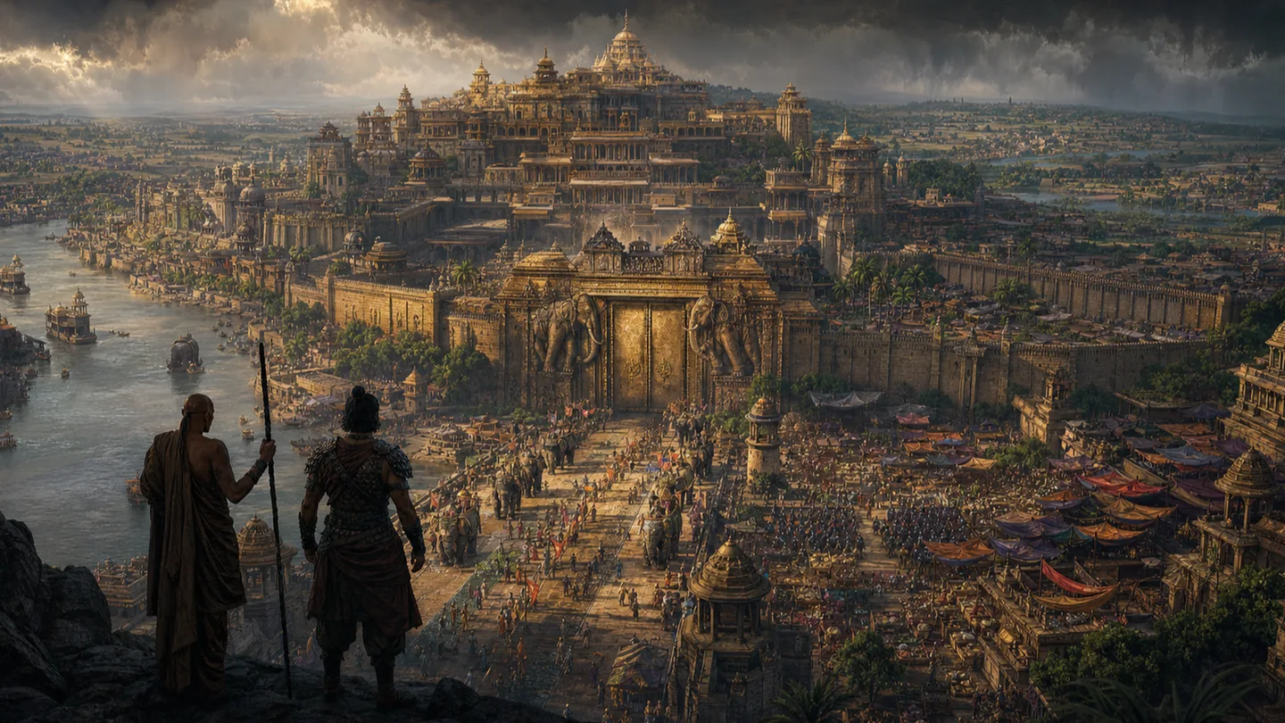 A vast prosperous ancient Magadha capital, crowned by a golden acropolis